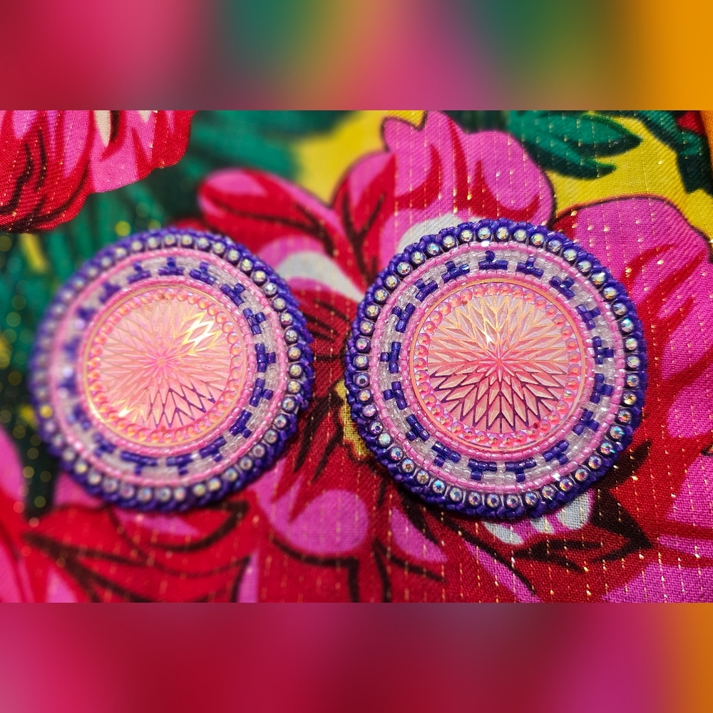 Navajo Beaded Powwow Earrings. Pink purple beads. Handmade.